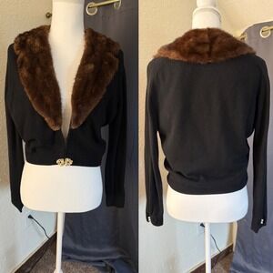 Bernhard Altmann Vintage Cashmere Cardigan Mink Fur Collar Black Cropped 50s